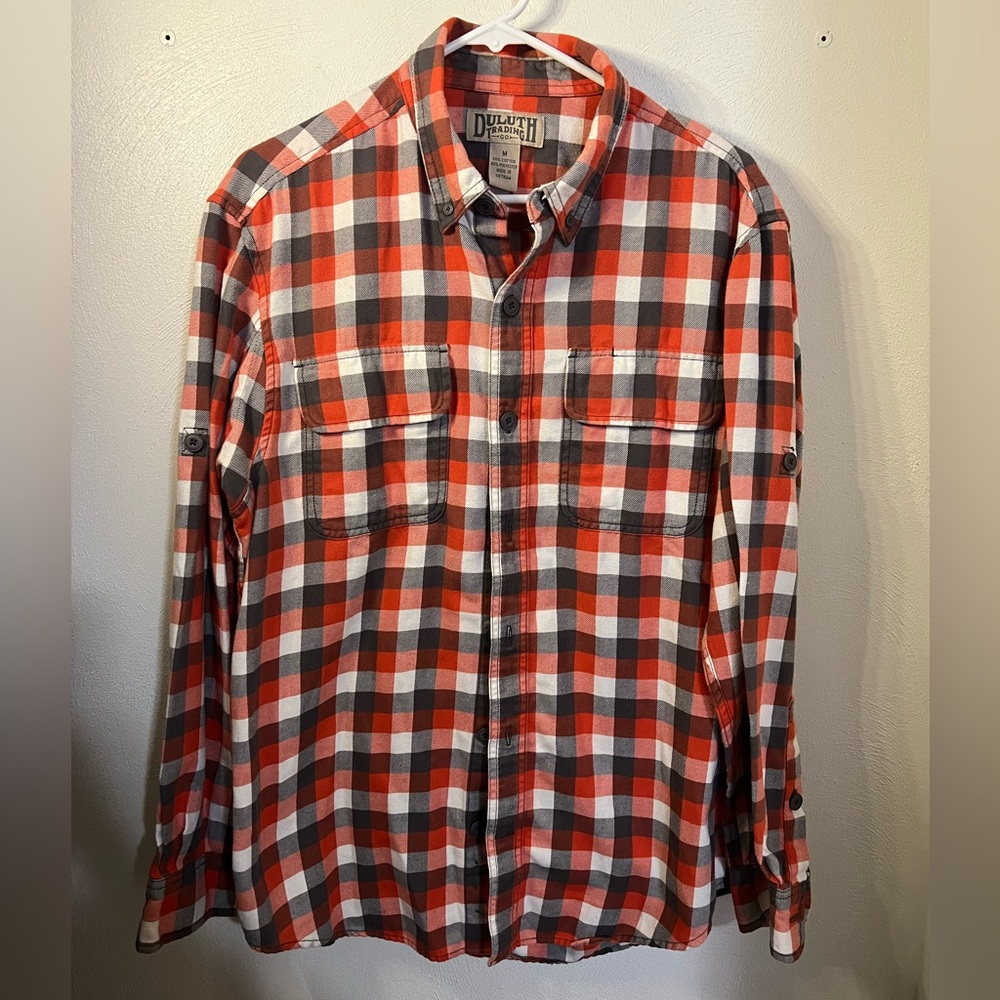 DULUTH TRADING Classic Plaid Casual Button Down Flannel Shirt Orange Grey Mens M